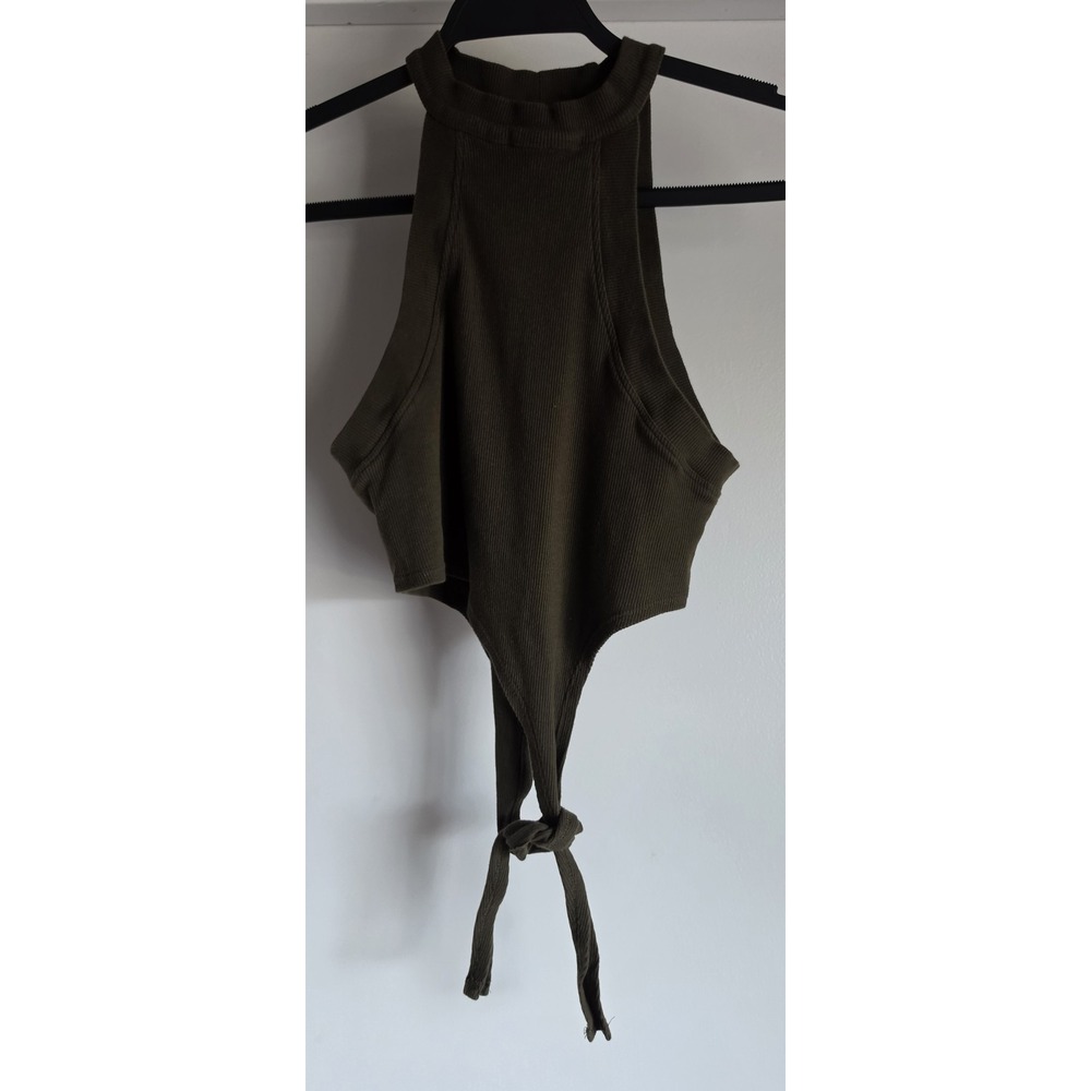 K.ngsley Top L Olive Green Ribbed Sleeveless Casual USA Side Tie